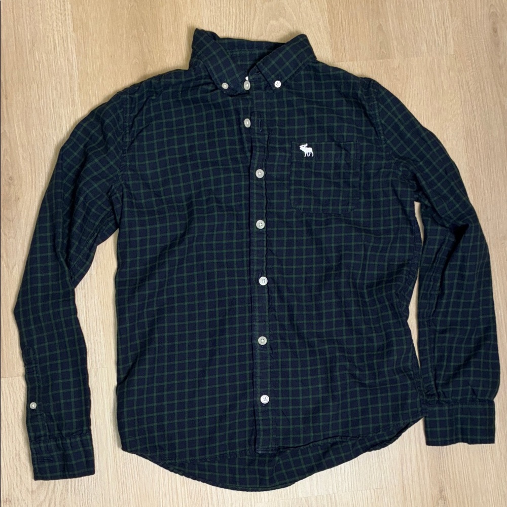 Abercrombie Kids Navy Green Blackwatch Plaid Checkered Button Down Shirt 13/14